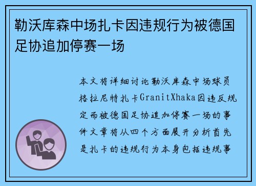 勒沃库森中场扎卡因违规行为被德国足协追加停赛一场